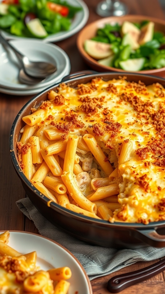 A cheesy chicken pasta casserole with breadcrumbs, served in a baking dish on a wooden table.